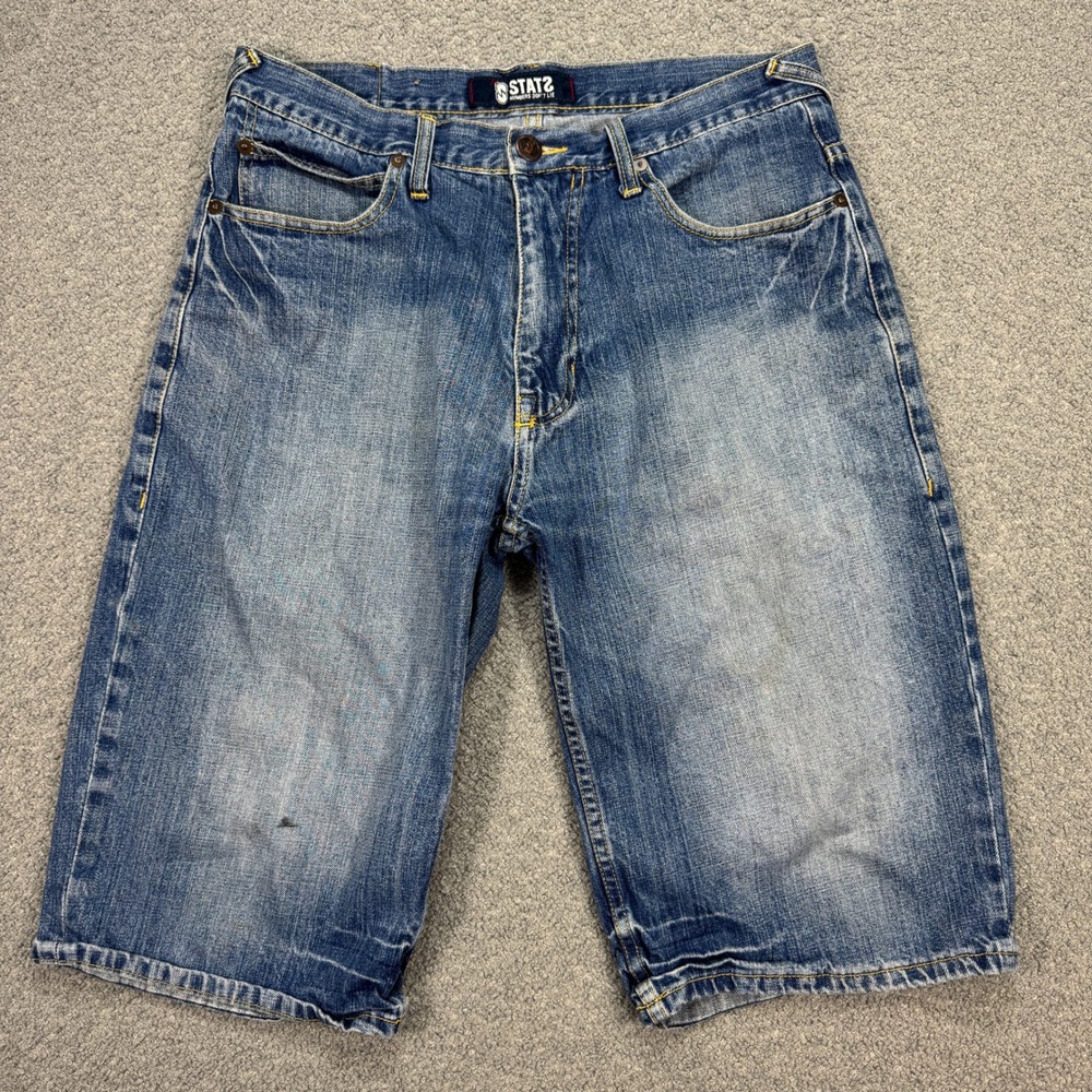Y2K STATS Denim Shorts Men's 33 Blue Medium Wash Relaxed Fit Embellished Pockets